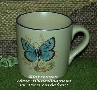 Keramik-Tasse  - Becher mit Wunschname – Motiv: 1 x Schmetterlings-Szene 70 mm