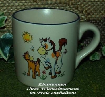 Keramik-Tasse  - Becher mit Wunschname – Motiv: 1 x Ponies – 60 mm