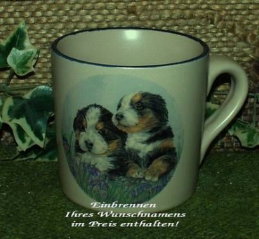 Keramik-Tasse  - Becher mit Wunschname – Motiv: 1 x Hunde – Welpen – DISC