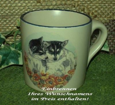 Keramik-Tasse  - Becher mit Wunschname – Motiv: 1 x Hunde – Welpen – Huskies – DISC