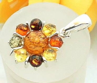 Bernstein-Anhänger -  9 Steine – echt Sterlingsilber 925 – 28 mm lang mit Öse – 18 mm breit – ohne Kette