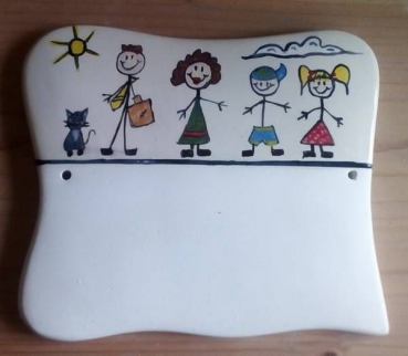 Familien-Türschild - 18,5 x 14 cm - Strichmännchen - Eltern - 2 Kinder-Katze