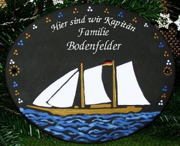 Keramik-Türschild – Segelschiff – 23 x 18 cm – Schriftfeld dunkelbraun – Handarbeit – Unikat