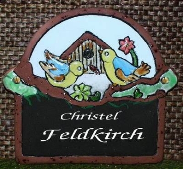 Keramik-Türschild – Vogelhaus mit zwei Vögeln – 13 x 11,5 cm – Schriftfeld dunkelbraun – Handarbeit