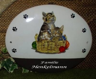 Keramik-Türschild – Katze mit Futternapf - 14 x 10 cm -  Schriftfeld grau – Handarbeit