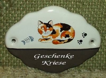 Keramik-Türschild – Glückskatze – 11,5 x 8,5 cm - Schriftfeld braun – Handarbeit