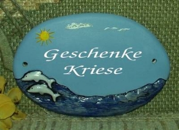 Keramik-Türschild – Delphin-Paar – 16,5 x 11 cm – Handarbeit – Unikat