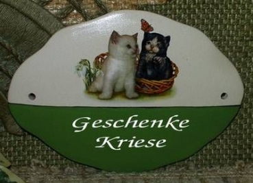 Keramik-Türschild – Katzenpaar – 16 x 12 cm - Schriftfeld olivgrün – Handarbeit