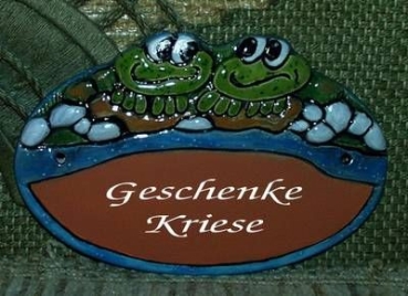 Keramik-Türschild – 2 Frösche – 16,5 x 11,5 cm – Schriftfeld terracotta – Handarbeit