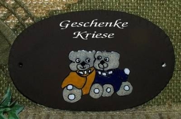 Keramik-Türschild – Teddypaar – 19 x 11,5 cm – Schriftfeld braun – Handarbeit