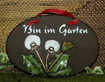 Keramik-Türschild - Löwenzahnmotiv – 16,5 x 11 cm – Schriftfeld dunkelbraun - schöne Töpferarbeit