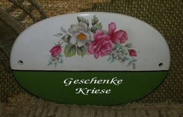 Keramik-Türschild – Rosen – 19 x 12 cm – Farbauswahl für Schriftfeld – Handarbeit