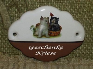 Keramik-Türschild – Katzenpaar - 11,5 x 8,5 cm - Schriftfeld mittelbraun – Handarbeit