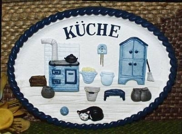 Keramik-Türschild – Relief mit blauem Rand – Küche – 13,5 x 10 cm – Handarbeit – Restbestand