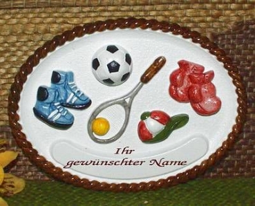 Keramik-Türschild mit Wunschtext – Relief mit braunem Rand – Junge - Sport – 13,5 x 10 cm – Handarbeit – Restbestand