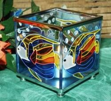Metall-Windlicht - bunte Glaseinsätze – verspiegelt – Meeresfische – 8 x 8 x 8 cm – gute Verarbeitung