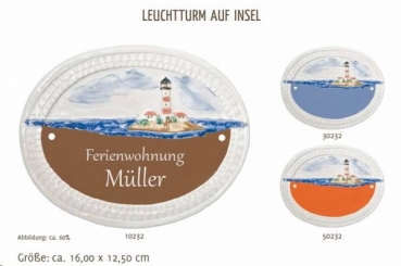 Keramik-Türschild – Lasergravur – 16 x 12,5 cm – Farb- und Schriftauswahl – Leuchtturm auf Insel