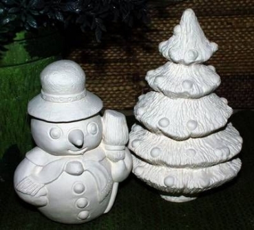 Schneemann und Tanne  – 12 und 14 cm hoch - Schrühware