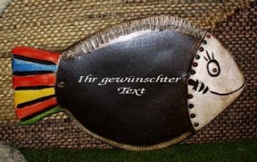 Türschild – getöpfert – Fisch – 24 x 14 cm - Schriftfeld braun – Handarbeit – Unikat