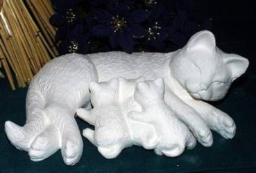 Katzenmutter mit Jungen - klein – 23 cm lang - Schrühware