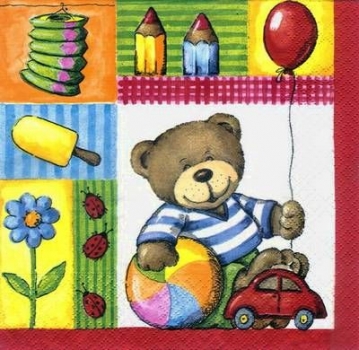s3508 – Teddy mit Spielzeug – Servietten – Packung – 20 Stück
