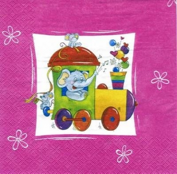 s5333 - Elephant Train - pink - Schulanfang - Servietten - Packung - 20 Stück