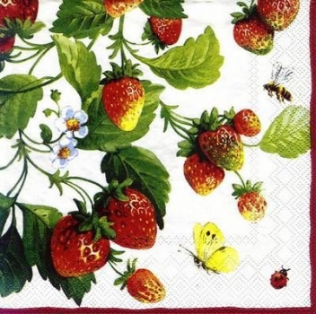 s6936 - Fresh Strawberries - white perl - Servietten - 33 x 33 cm - Packung - 20 Stück