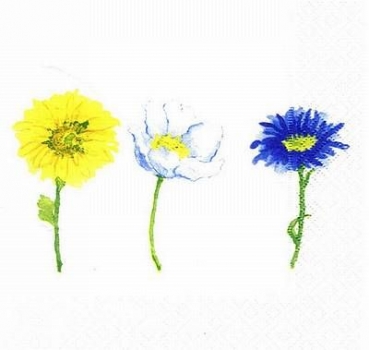 s7066 - Drei Blumen - weiß/gelb/blau - Servietten - Packung - 20 Stück