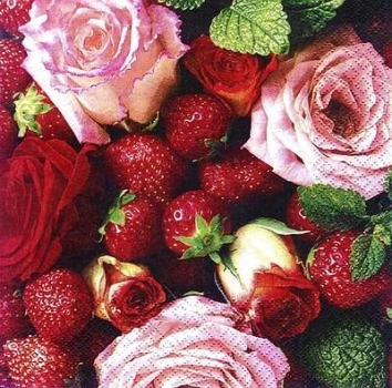 s7274 - Erdbeeren/Rosen - Servietten - Packung - 20 Stück