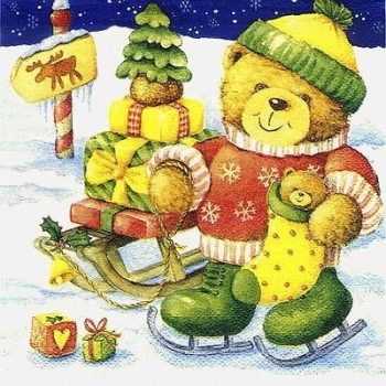 s8447 - Teddy mit Schlitten - Servietten - Packung - 40 Stück