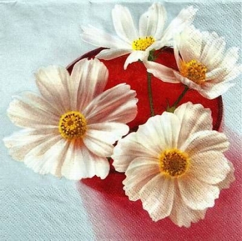 s9620 - Weiße Blüten - rot - Napkins - Package - 20 pcs.