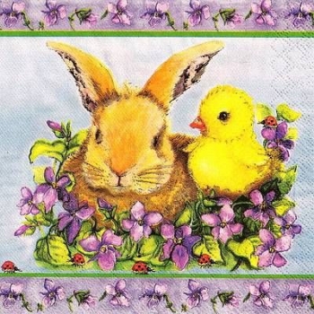 s9z11090 - Hase mit Küken und Veilchen - Servietten - Packung - 40 Stück