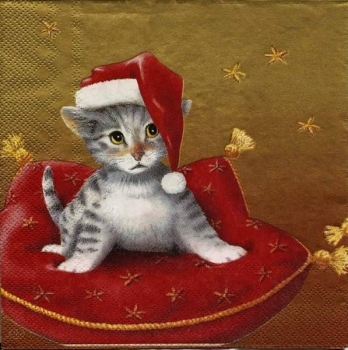 s9z15173 - Katze mit Weihnachtsmütze - Serviette - Stückpreis - Restbestand