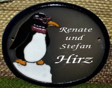 Keramik-Türschild – Pinguin auf Eisscholle – 14,5 x 12 cm – Schriftfeld braun – Handarbeit