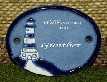 Keramik-Türschild – blauer Leuchtturm – 9,5 x 7 cm – Schriftfeld blau – Handarbeit