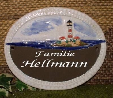 Keramik-Türschild – Lasergravur – 16 x 12,5 cm – Farb- und Schriftauswahl – Leuchtturm auf Insel