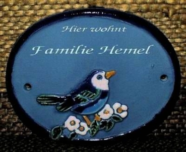 Keramik-Türschild – Vogel auf Ast – 11,3 x 9 cm – Schriftfeld blau – Handarbeit