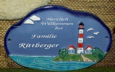 Keramik-Türschild – Westerhever Leuchtturm – 21 x 14 cm – blau – Handarbeit