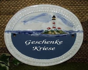 Keramik-Türschild – Lasergravur – 16 x 12,5 cm – Farb- und Schriftauswahl – Leuchtturm auf Insel