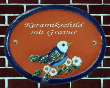 Keramik-Türschild – Vogel auf Ast – 11,3 x 9 cm – Schriftfeld terracotta – Handarbeit