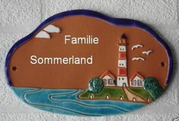 Keramik-Türschild – Westerhever Leuchtturm – 21 x 14 cm – terracotta – Handarbeit
