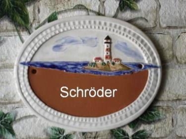 Keramik-Türschild – Leuchtturm auf Insel – 16 x 12,5 cm – Schriftfeld terracotta – Handarbeit