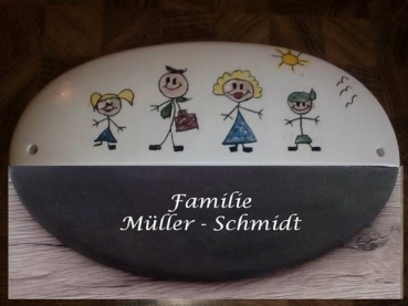 Familien-Türschild - 19 x 12 cm - Strichmännchen - Eltern - 2 Kinder