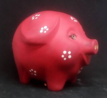 Sparschwein aus Keramik - inkl. Metallschloss und Schlüssel – 11 cm lang - 9,5 cm hoch – bemalt in rot – Handarbeit