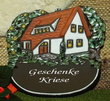 Töpfer-Türschild – Haus mit Erker – 18 x 18 cm – Reliefbild – schöne aufwändige Handarbeit