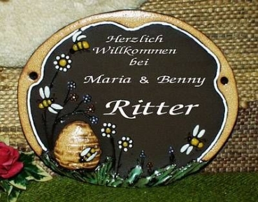 Töpfer-Türschild – Bienenkorb mit Bienen – 20 x 16,5 cm – Reliefbild – aufwändige Handarbeit