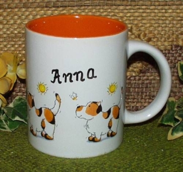 Keramik-Tasse  - Becher mit Wunschname – Motiv: 3 x Hund mit Sonne – 60 mm