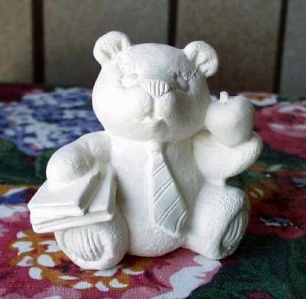 Kalenderbär – September – Apfel und Bücher – 8 cm hoch – Schrühware