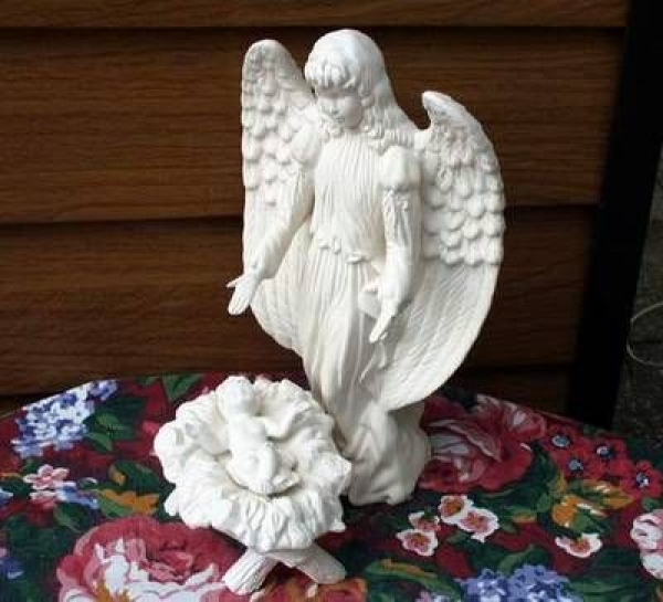 Stehender Engel mit Jesuskind in der Krippe - Bisque - 26 cm hoch