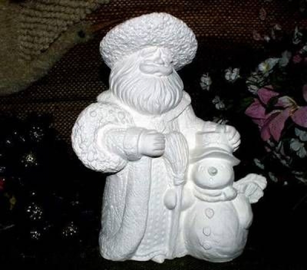 Weihnachtsmann mit Schneemann – 25 cm hoch - Schrühware